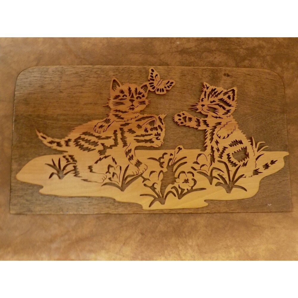 3 Kitty Cats W Butterfly Wood Carving Art Wall Decor